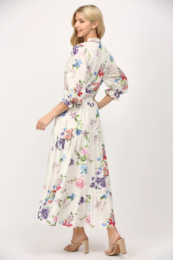 Floral Motif Print Cotton Gathered Waist Midi Dress-Dress-FATE-S-WHITE MULTI-Urbanheer