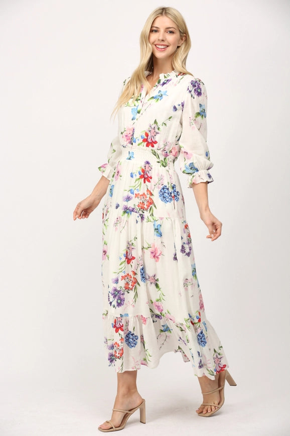 Floral Motif Print Cotton Gathered Waist Midi Dress-Dress-FATE-S-WHITE MULTI-Urbanheer