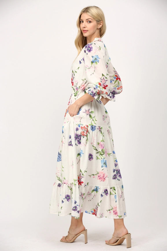 Floral Motif Print Cotton Gathered Waist Midi Dress-Dress-FATE-S-WHITE MULTI-Urbanheer