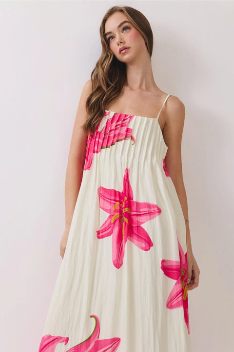 Floral Pleated Maxi Dress with Adjustable Straps