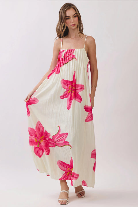 Floral Pleated Maxi Dress with Adjustable Straps