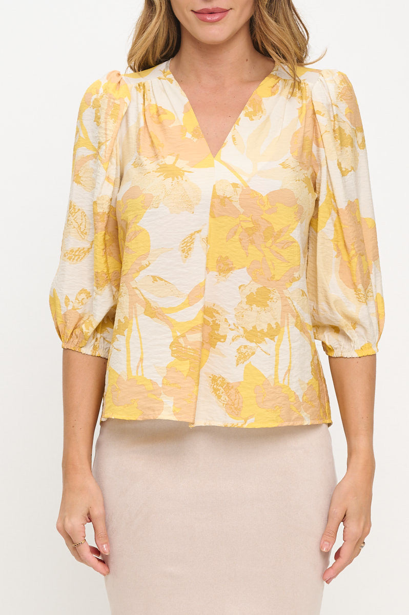 Floral Print 3/4 Sleeve V neck Top-New Arrival-Reneecollection-Small-YELLOW-Urbanheer