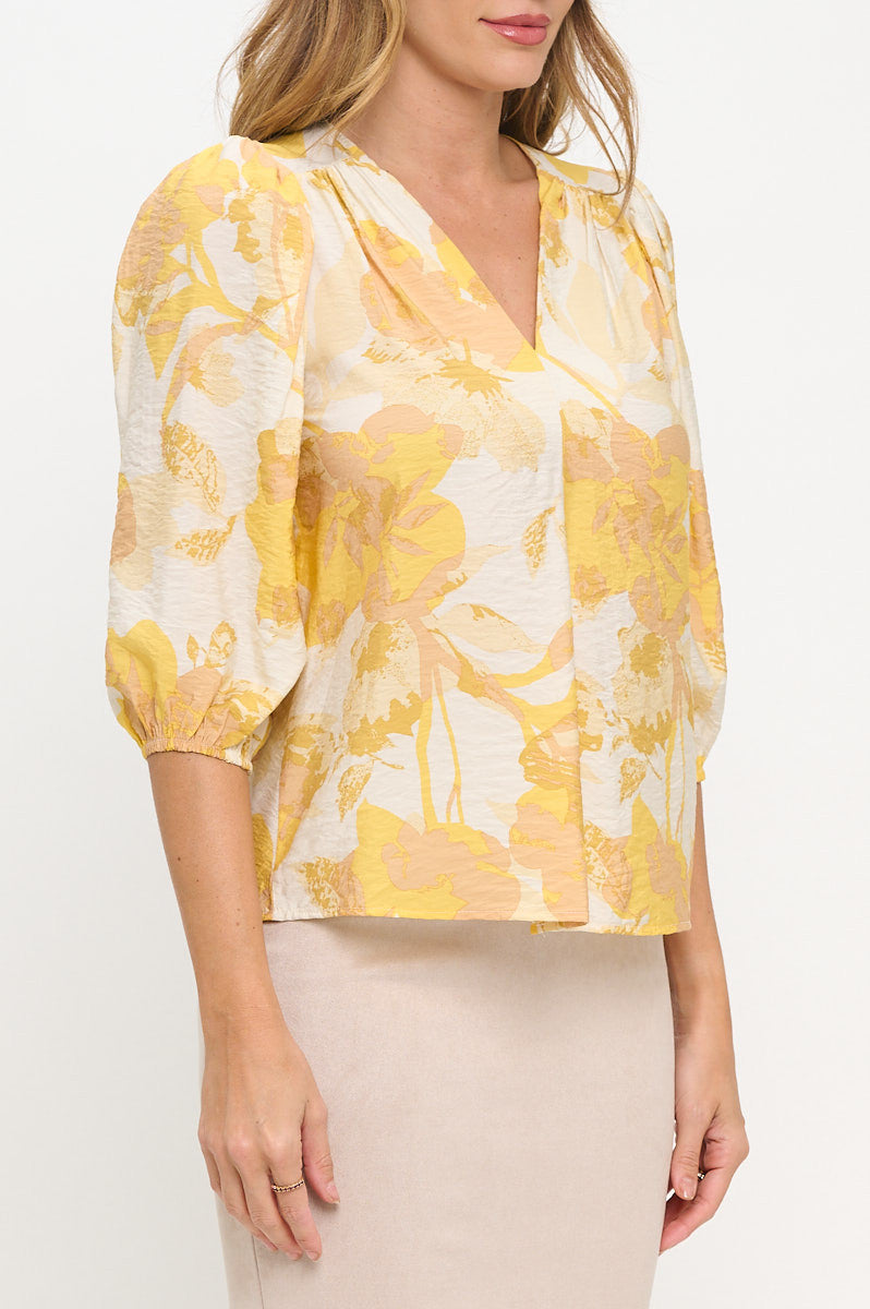 Floral Print 3/4 Sleeve V neck Top-New Arrival-Reneecollection-Small-YELLOW-Urbanheer