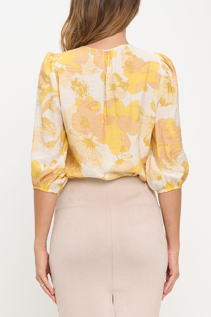Floral Print 3/4 Sleeve V neck Top-New Arrival-Reneecollection-Small-YELLOW-Urbanheer