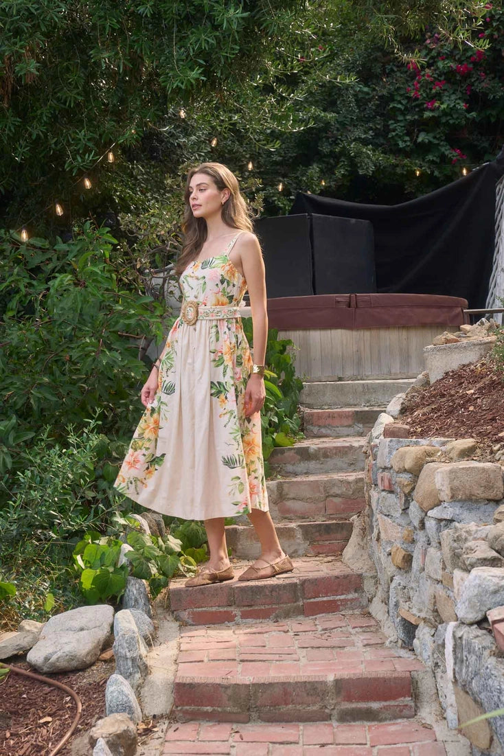 Floral Print Belt Detail Sleeveless Midi Dress