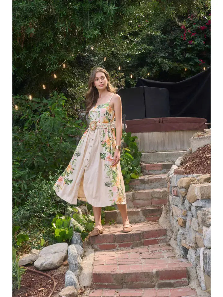 Floral Print Belt Detail Sleeveless Midi Dress