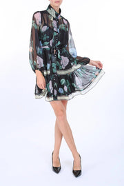 Floral Print Belted A-Line Chiffon Mini Dress-Dress-Beulah Style-S-Floral-Urbanheer