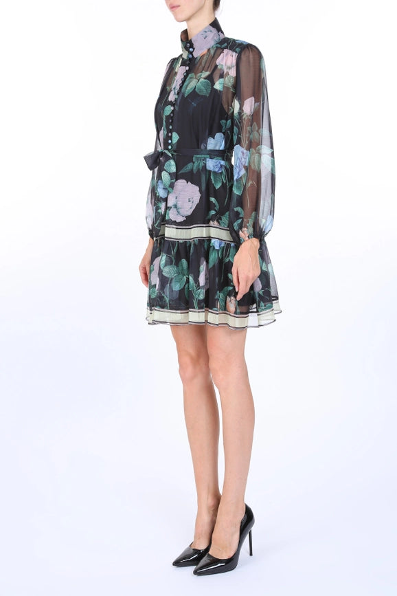 Floral Print Belted A-Line Chiffon Mini Dress-Dress-Beulah Style-S-Floral-Urbanheer