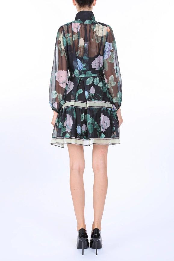 Floral Print Belted A-Line Chiffon Mini Dress-Dress-Beulah Style-S-Floral-Urbanheer