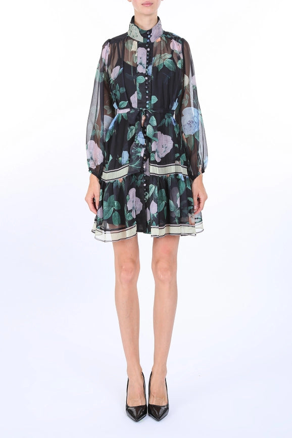 Floral Print Belted A-Line Chiffon Mini Dress-Dress-Beulah Style-S-Floral-Urbanheer