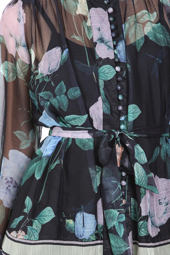 Floral Print Belted A-Line Chiffon Mini Dress-Dress-Beulah Style-S-Floral-Urbanheer