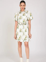 Floral Print Belted Mini Puff Shirt Dress-Dress-Beulah Style-S-Yellow-Urbanheer