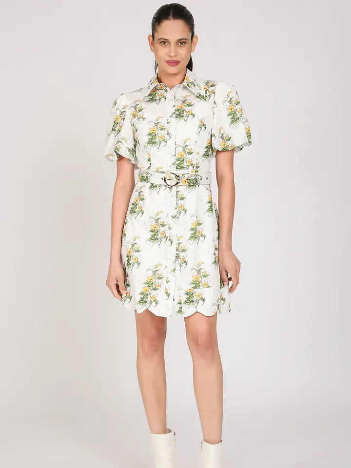 Floral Print Belted Mini Puff Shirt Dress-Dress-Beulah Style-S-Yellow-Urbanheer
