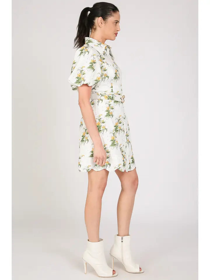 Floral Print Belted Mini Puff Shirt Dress-Dress-Beulah Style-S-Yellow-Urbanheer