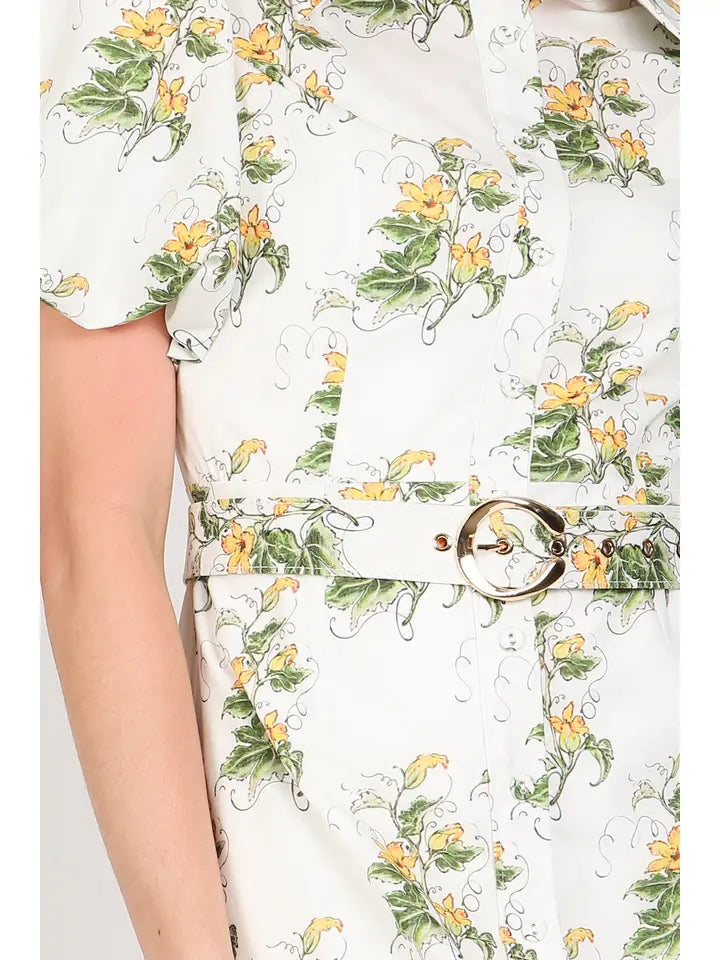 Floral Print Belted Mini Puff Shirt Dress-Dress-Beulah Style-S-Yellow-Urbanheer