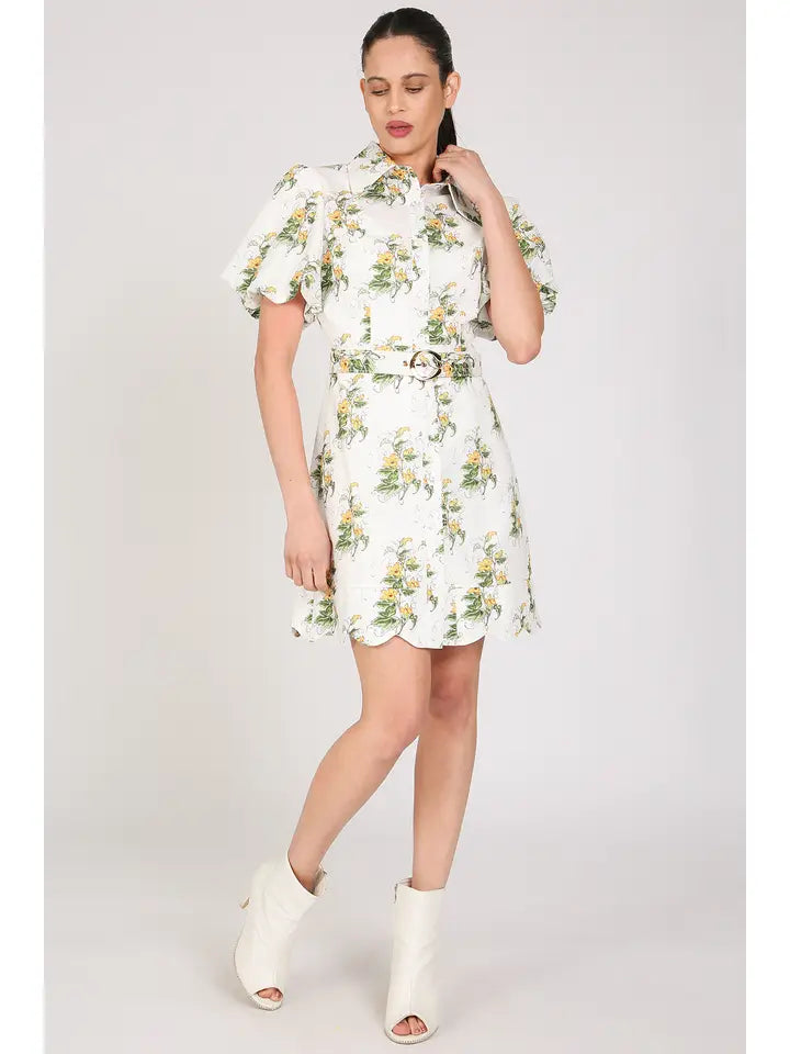 Floral Print Belted Mini Puff Shirt Dress-Dress-Beulah Style-S-Yellow-Urbanheer