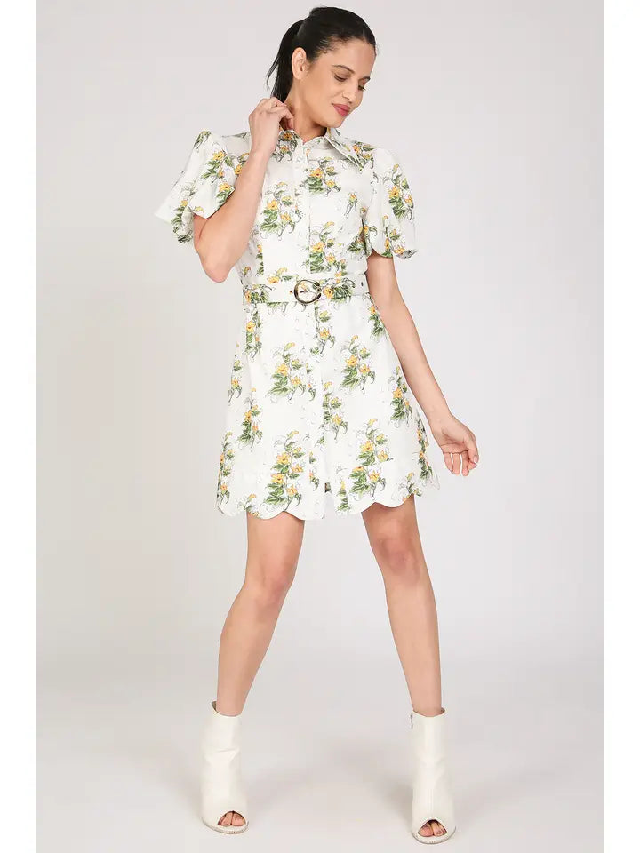 Floral Print Belted Mini Puff Shirt Dress-Dress-Beulah Style-S-Yellow-Urbanheer