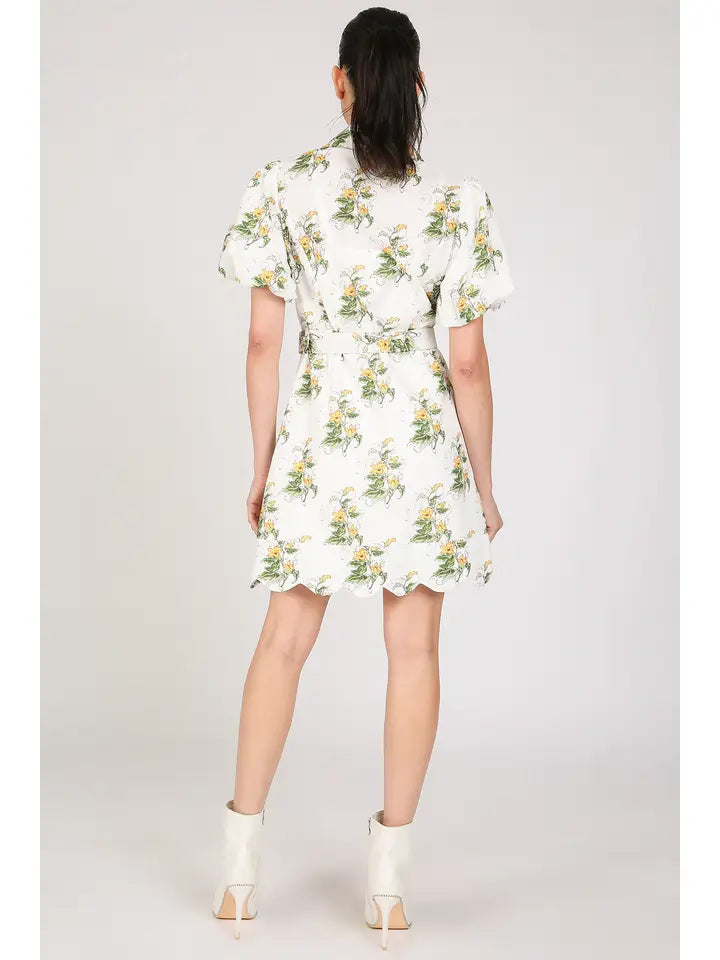 Floral Print Belted Mini Puff Shirt Dress-Dress-Beulah Style-S-Yellow-Urbanheer