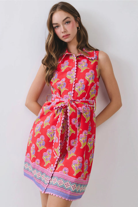 Floral Print Belted Mini Shirt Dress