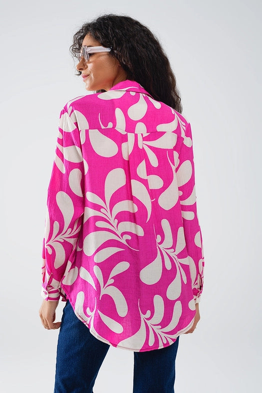 Floral Print Blouse with Polo Collar in Fuchsia-Blouse-Q2-L-Pink-Urbanheer