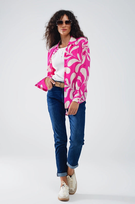 Floral Print Blouse with Polo Collar in Fuchsia-Blouse-Q2-L-Pink-Urbanheer