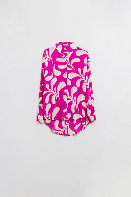 Floral Print Blouse with Polo Collar in Fuchsia-Blouse-Q2-L-Pink-Urbanheer