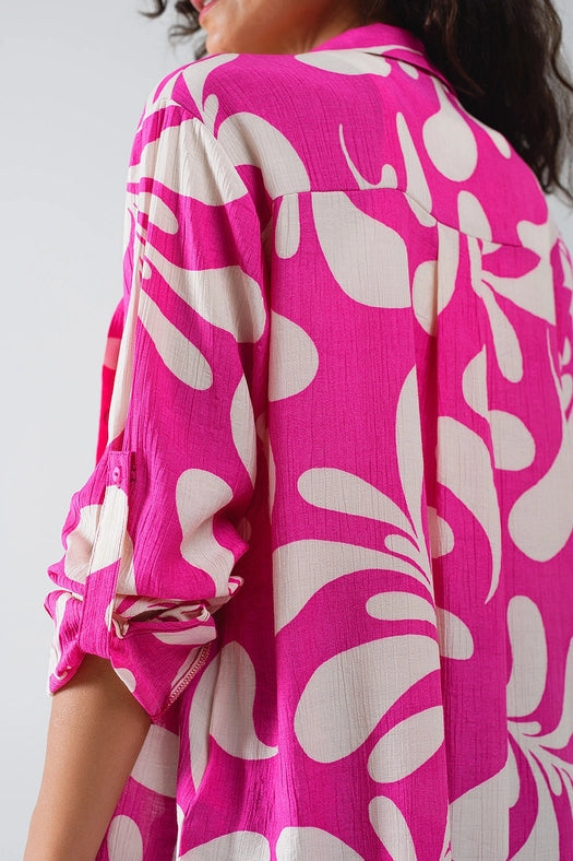 Floral Print Blouse with Polo Collar in Fuchsia-Blouse-Q2-L-Pink-Urbanheer