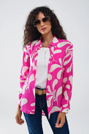 Floral Print Blouse with Polo Collar in Fuchsia-Blouse-Q2-L-Pink-Urbanheer