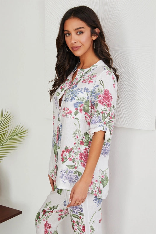 Floral Print Button Down Linen Top Wht-TOP-VENTI6-S-Urbanheer