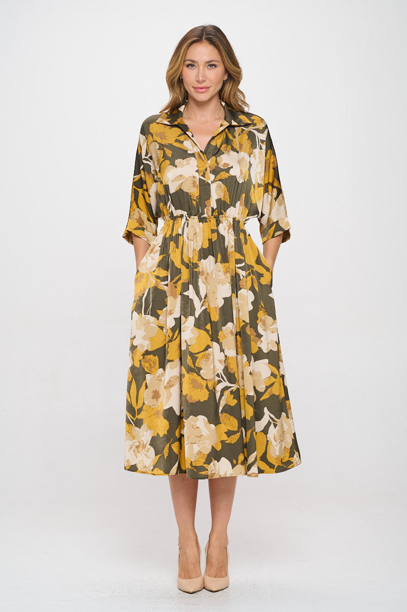 Floral Print Collared V neck Dress with Pockets-Dresses-Reneecollection-Small-MUSTARD/OLIVE-Urbanheer