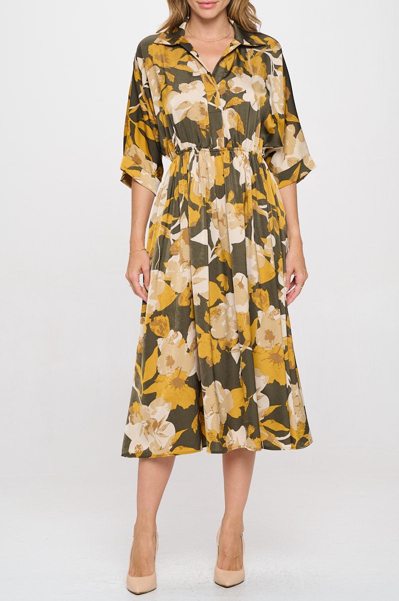Floral Print Collared V neck Dress with Pockets-Dresses-Reneecollection-Small-MUSTARD/OLIVE-Urbanheer
