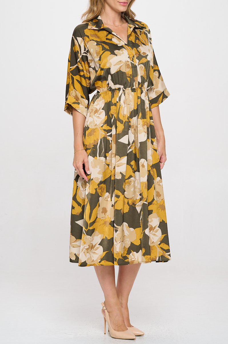 Floral Print Collared V neck Dress with Pockets-Dresses-Reneecollection-Small-MUSTARD/OLIVE-Urbanheer