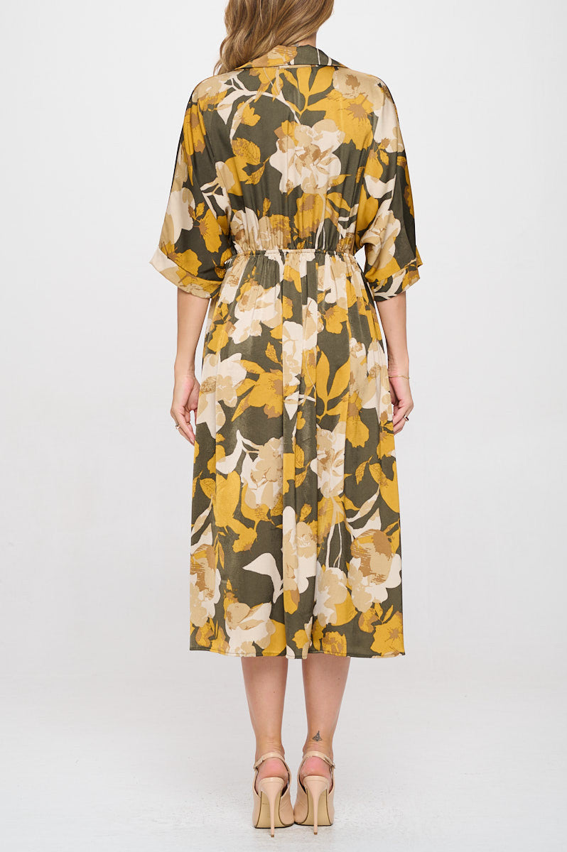 Floral Print Collared V neck Dress with Pockets-Dresses-Reneecollection-Small-MUSTARD/OLIVE-Urbanheer