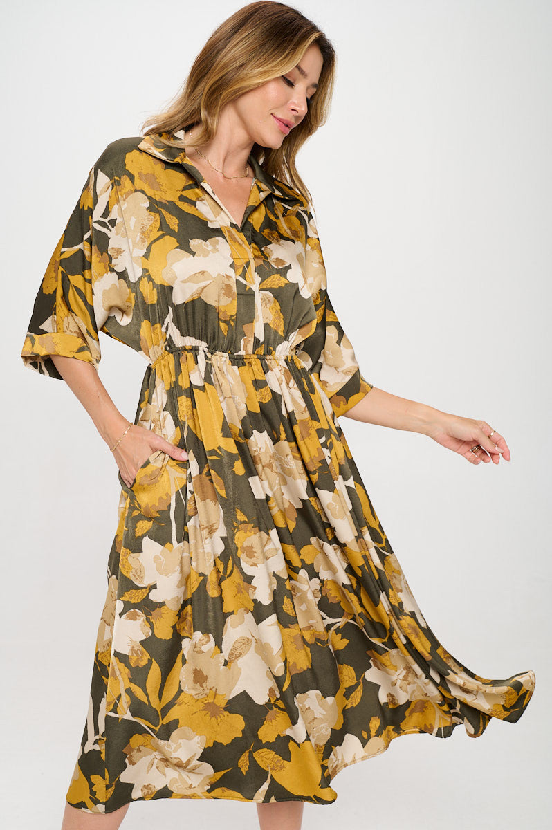 Floral Print Collared V neck Dress with Pockets-Dresses-Reneecollection-Small-MUSTARD/OLIVE-Urbanheer