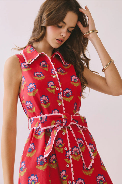 Floral Print Contrast Scalloped Trim Detail Dress