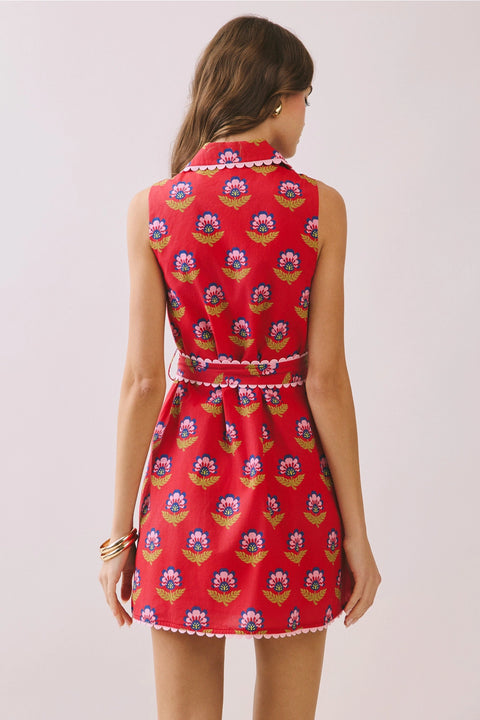 Floral Print Contrast Scalloped Trim Detail Dress