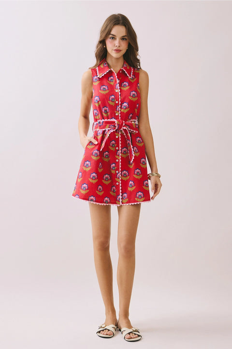 Floral Print Contrast Scalloped Trim Detail Dress