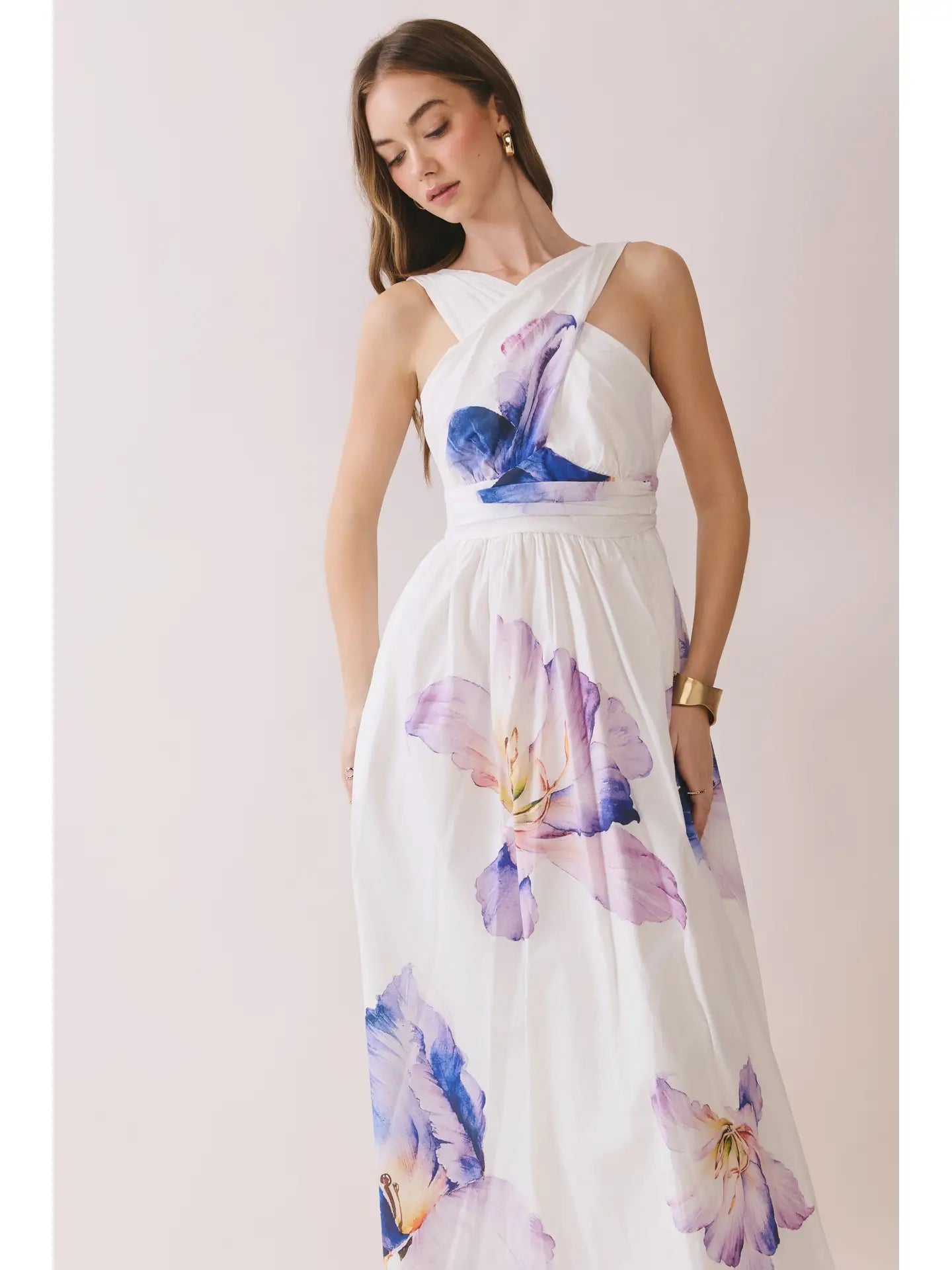 Floral Print Cross Halter Neck Midi Dress