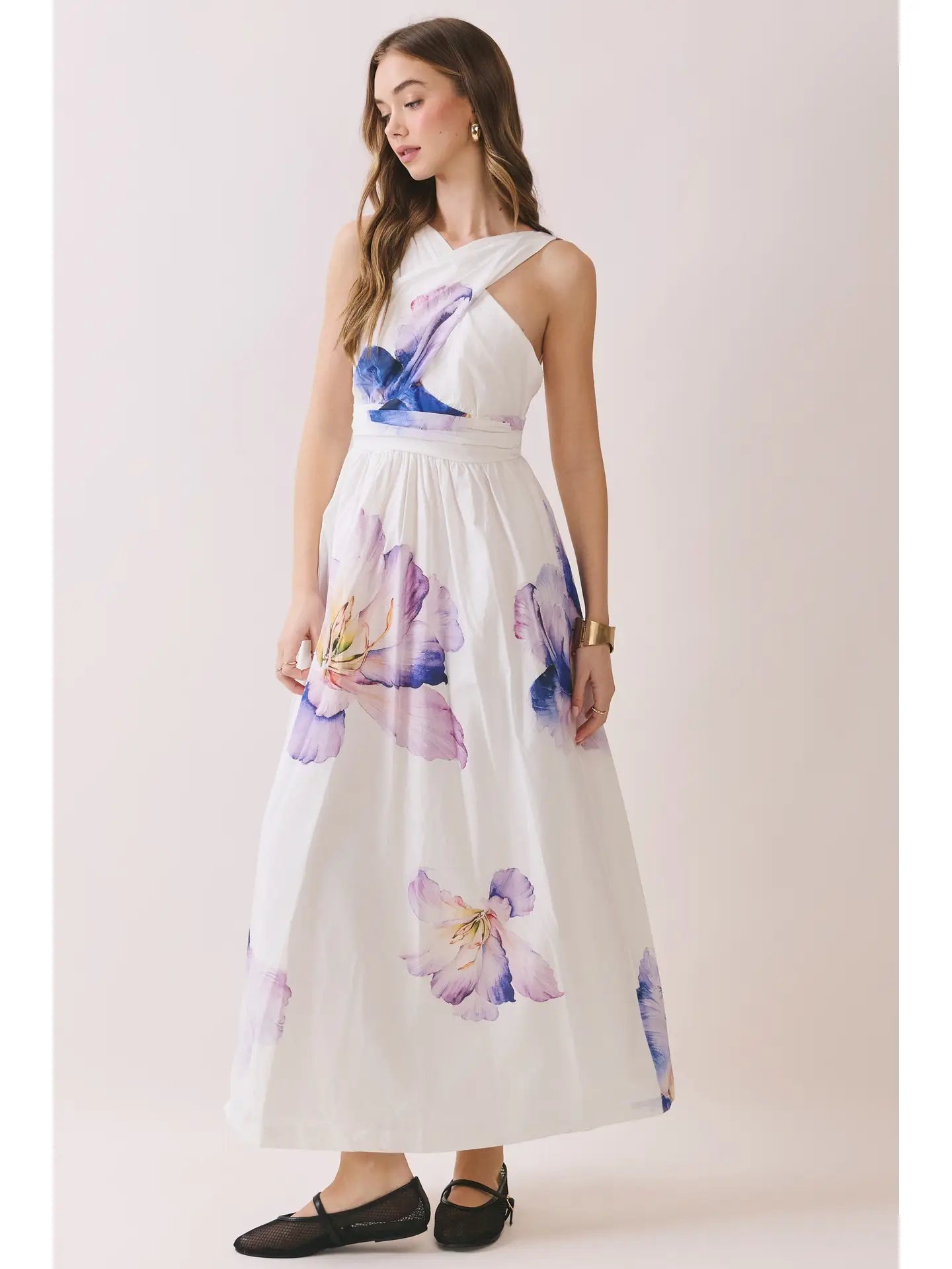 Floral Print Cross Halter Neck Midi Dress