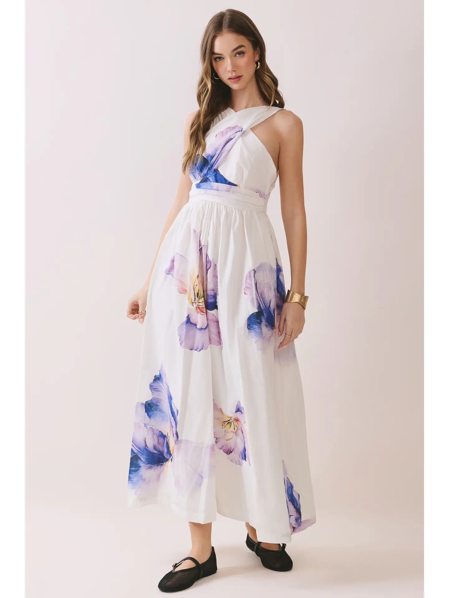 Floral Print Cross Halter Neck Midi Dress
