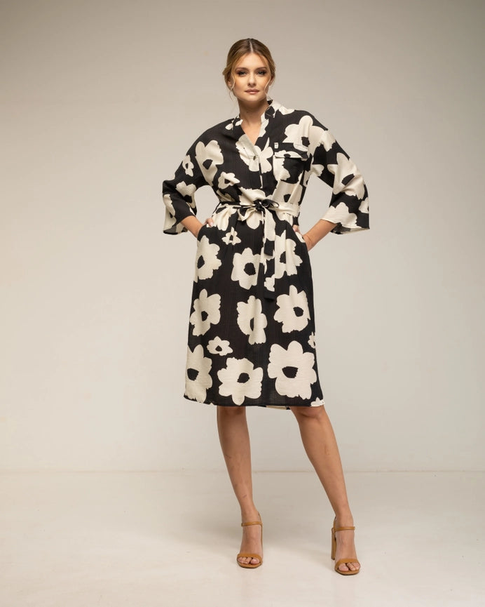 Floral Print Dress with Chest Pocket BLACK-Dress-Tantra-S-BLACK-Urbanheer