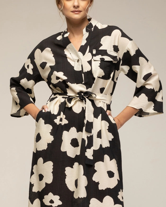 Floral Print Dress with Chest Pocket BLACK-Dress-Tantra-S-BLACK-Urbanheer