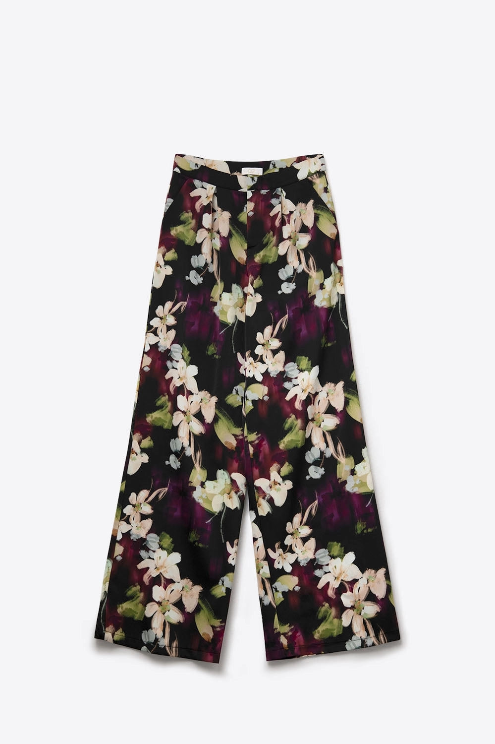 Floral-Print Flowing Pants in Satin Fabric with Side Pockets