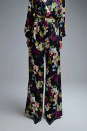 Floral-Print Flowing Pants in Satin Fabric with Side Pockets