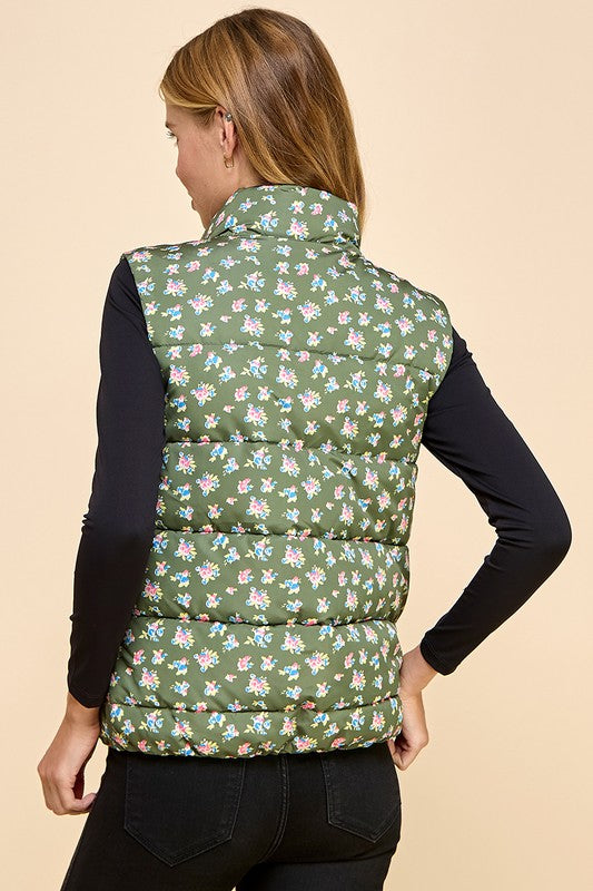 Floral Print Front Zipper Puffer Vest