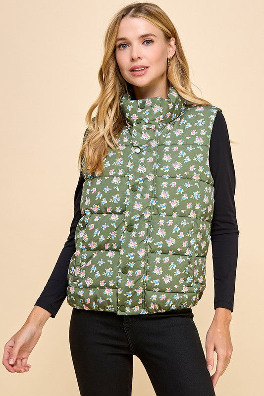 Floral Print Front Zipper Puffer Vest