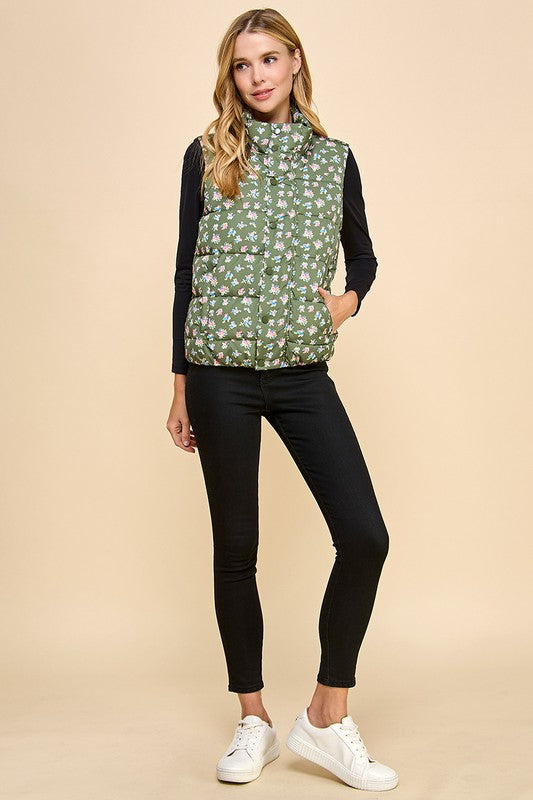 Floral Print Front Zipper Puffer Vest