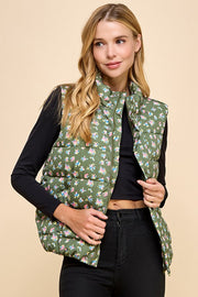 Floral Print Front Zipper Puffer Vest