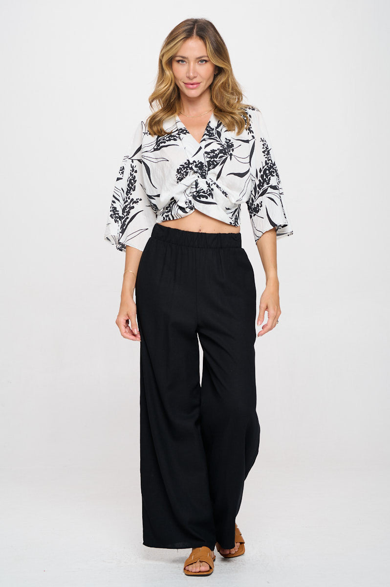 Floral Print Mid Sleeve Top with Front Twist-New Arrival-Reneecollection-Small-WHITE/BLACK-Urbanheer