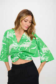Floral Print Mid Sleeve Top with Front Twist-New Arrival-Reneecollection-Small-GREEN-Urbanheer